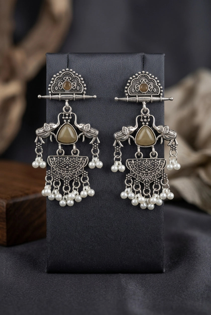 Oxidized Silver Oxidation Half-Moon Stud Dangler Earrings with Pearl Beads & Ethnic Carving for Festive Wear - Brown