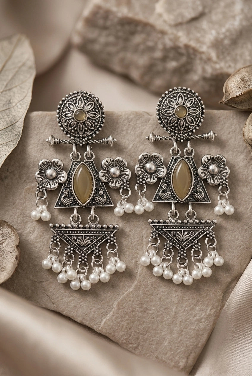 Oxidized Silver Floral & Stone Statement Earrings with Pearl Drops for Festive Ethnic Wear - Brown