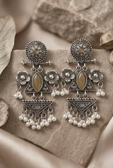 Oxidized Silver Floral & Stone Statement Earrings with Pearl Drops for Festive Ethnic Wear - Brown