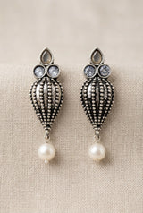 Antique Oxidized Silver Teardrop Jhumka Earrings with Pearls & Crystal Stones (1 Pair) - Brown