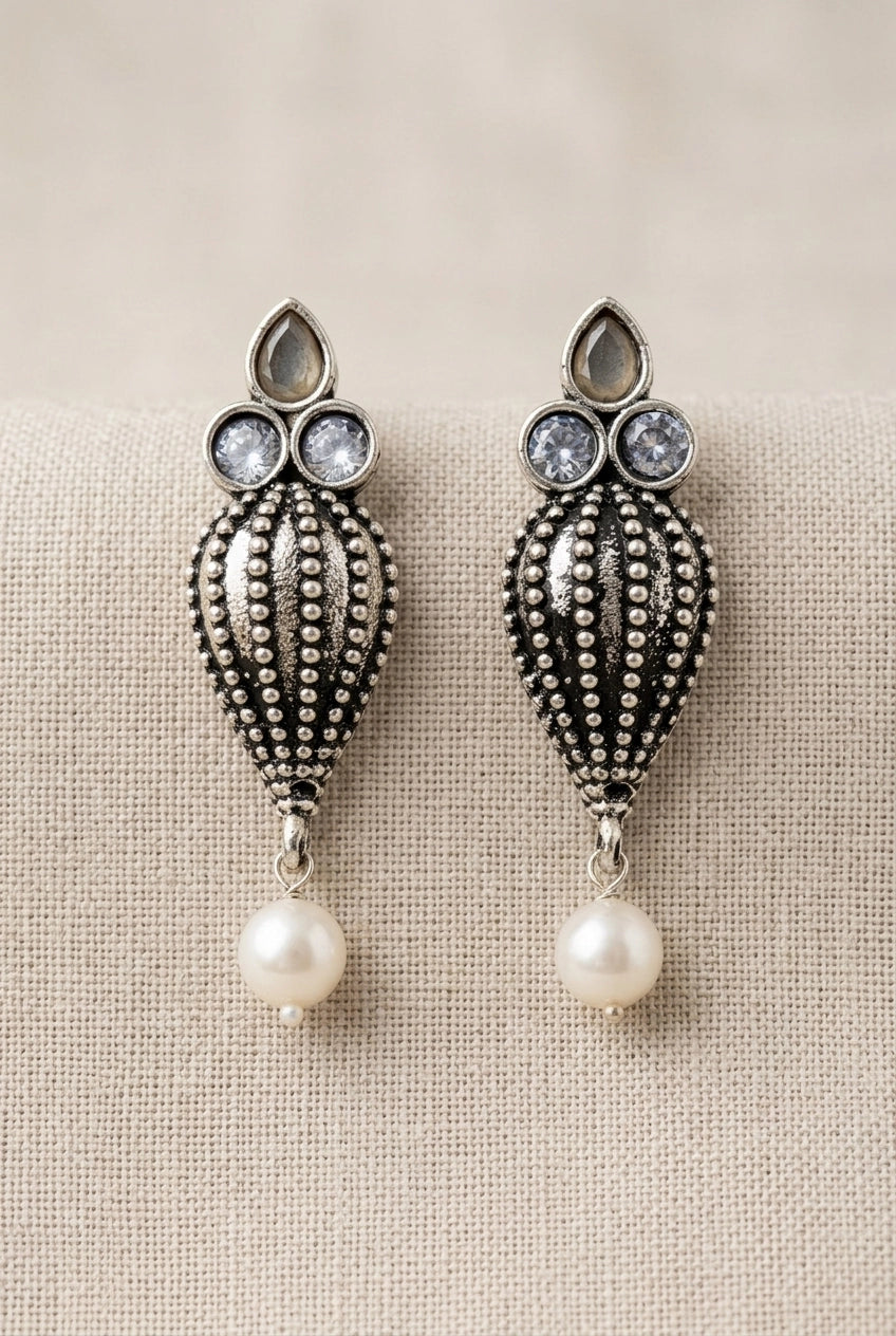 Antique Oxidized Silver Teardrop Jhumka Earrings with Pearls & Crystal Stones (1 Pair) - Brown