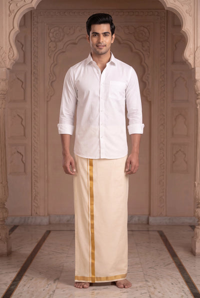 Men’s Ready-to-Wear Double Dhoti (4 Metre) with Velcro Waist, Plain White/Cream - Cream