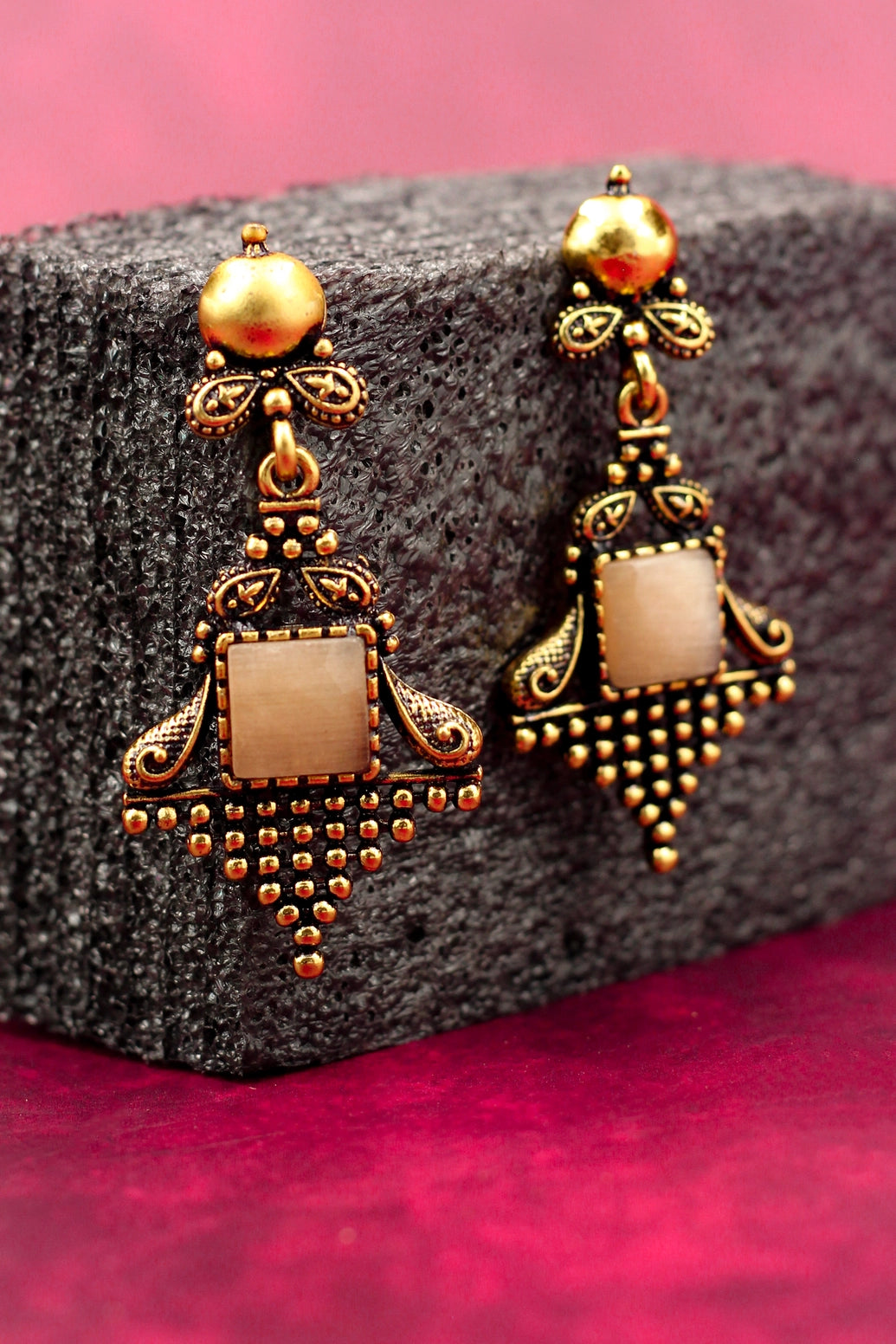 Antique Gold-Tone Dangling Ethnic Earrings with Cream Square Stone, Ornate Vintage Frame — 2.4 inch Drop Jewelry JCS Fashions