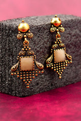 Antique Gold-Tone Dangling Ethnic Earrings with Cream Square Stone, Ornate Vintage Frame — 2.4 inch Drop Jewelry JCS Fashions
