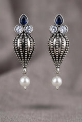Antique Oxidized Silver Teardrop Jhumka Earrings with Pearls & Crystal Stones (1 Pair) - Dark Grey