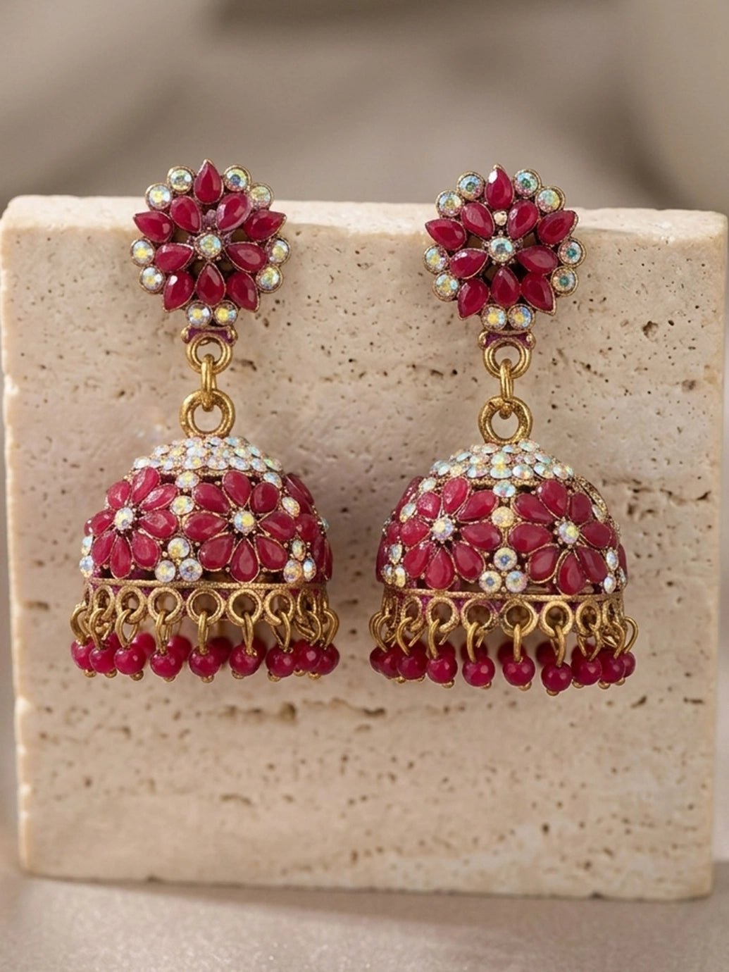 Traditional Gold-Tone Jhumka Earrings with Floral Stud & Multicolor Bead Danglers - Dark Pink