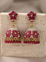 Traditional Gold-Tone Jhumka Earrings with Floral Stud & Multicolor Bead Danglers - Dark Pink