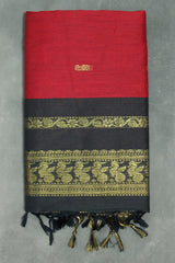 Kalyani Dark Red Cotton Saree with Black Golden Zari Border and Putta Motifs - Blouse Included Saree JCS Fashions