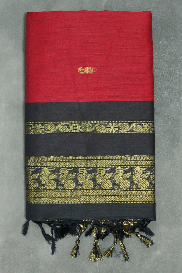 Kalyani Dark Red Cotton Saree with Black Golden Zari Border and Putta Motifs - Blouse Included Saree JCS Fashions