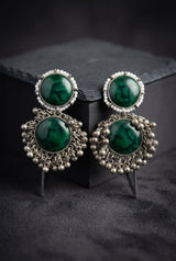 Antique Silver-Tone Drop Earrings with Round Stone Cabochons & Beaded Dangles - Deep Green