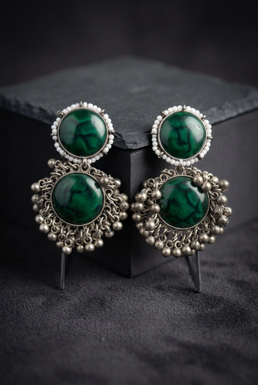 Antique Silver-Tone Drop Earrings with Round Stone Cabochons & Beaded Dangles - Deep Green