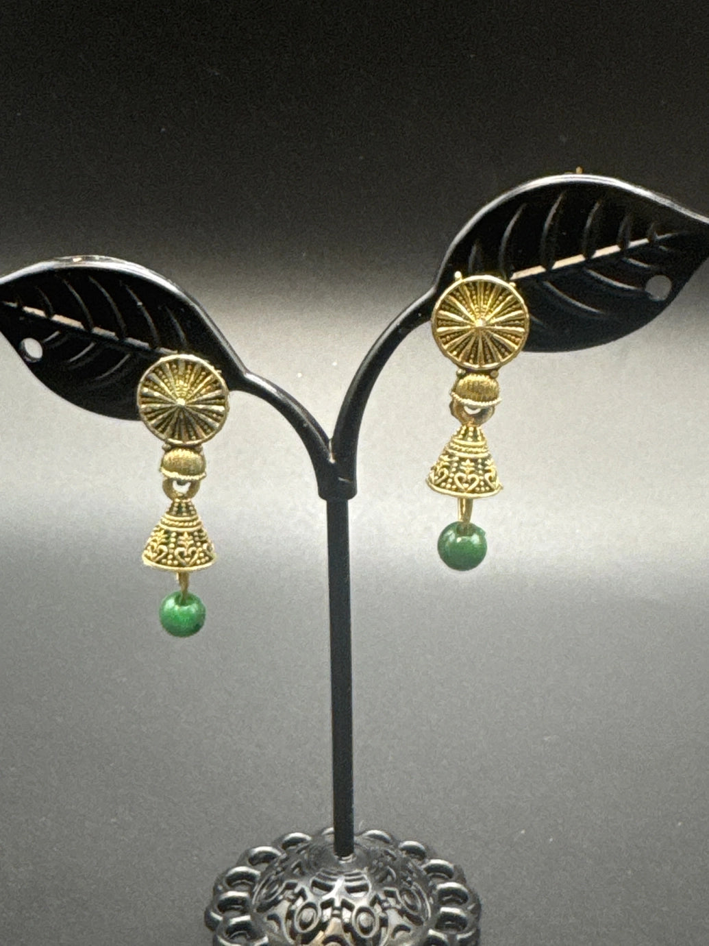 Antique Look Floral Jhumka Earrings – Gold-Tone Jhumki with Coloured Bead Drop (1.5 inch) - Green