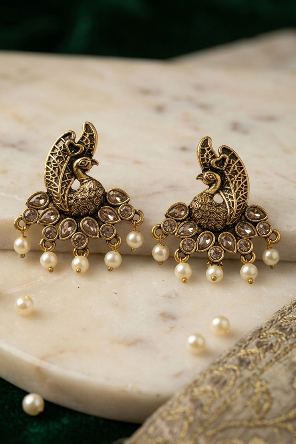 Peacock Motif Traditional Statement Earrings with Teardrop Stones and Pearl Drops - Gold