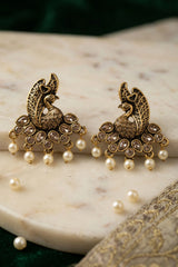 Peacock Motif Traditional Statement Earrings with Teardrop Stones and Pearl Drops - Gold