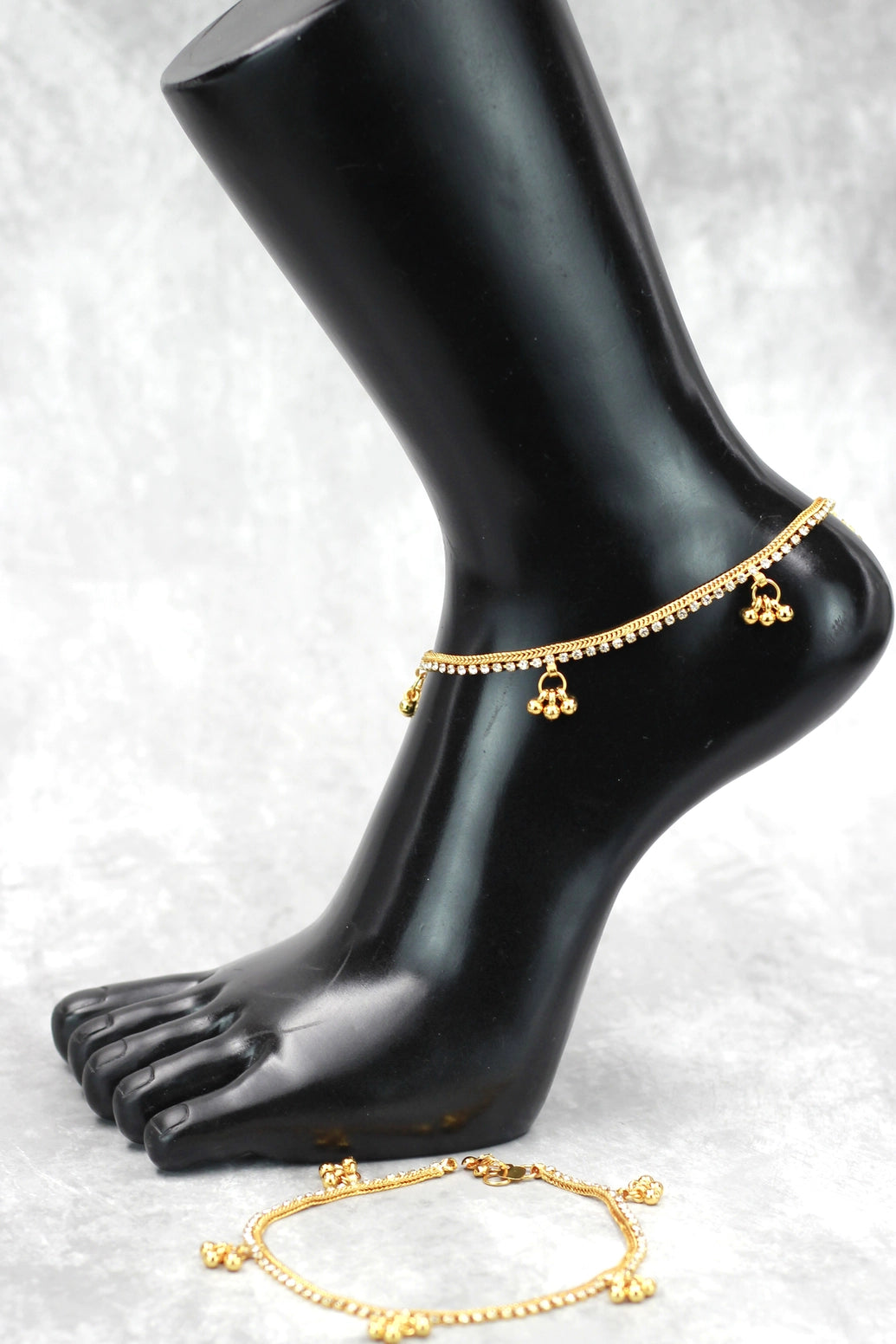 Gold-Tone Traditional South Indian Anklet with White Stone Beads and Jhumka Charm - Gold