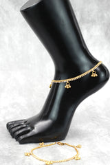 Gold-Tone Traditional South Indian Anklet with White Stone Beads and Jhumka Charm - Gold