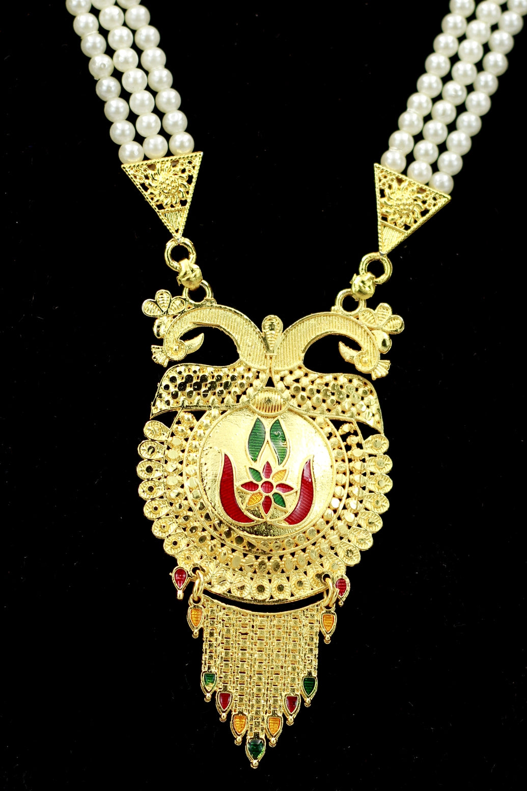Traditional Gold-Tone Pearl Necklace Set with Floral Pendant & Dangler Earrings - Gold