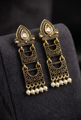 Sona Novelty Antique Gold-Tone Traditional Drop Earrings with Pearl Bead Drops, Rectangular Pattern Panels - Gold