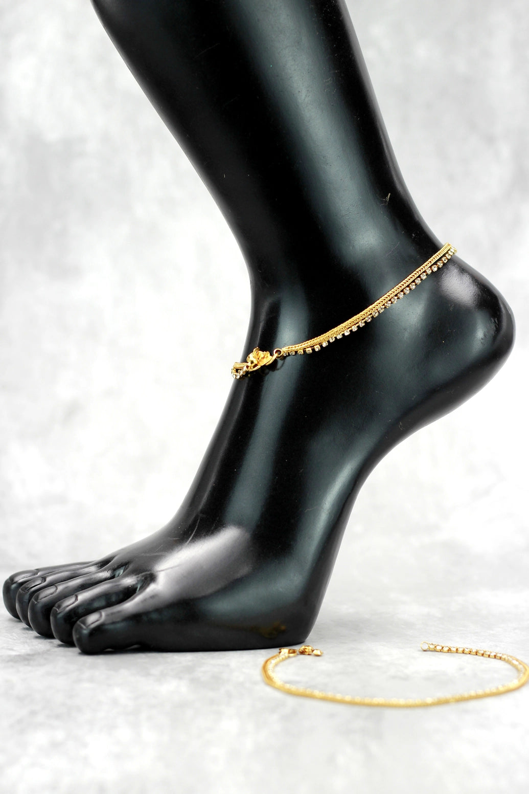Gold-Tone South Indian Anklet with White Stone Detail for Traditional Wear - Gold