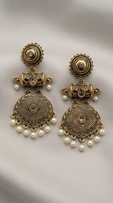Antique Gold-Tone Circular Stud & Pearl Drop Statement Earrings for Festive Ethnic Wear - Gold