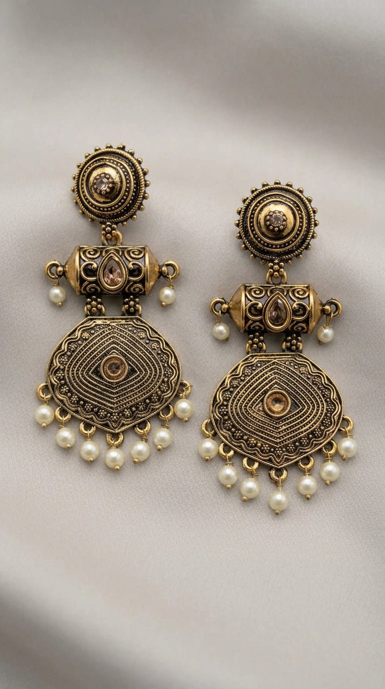 Antique Gold-Tone Circular Stud & Pearl Drop Statement Earrings for Festive Ethnic Wear - Gold