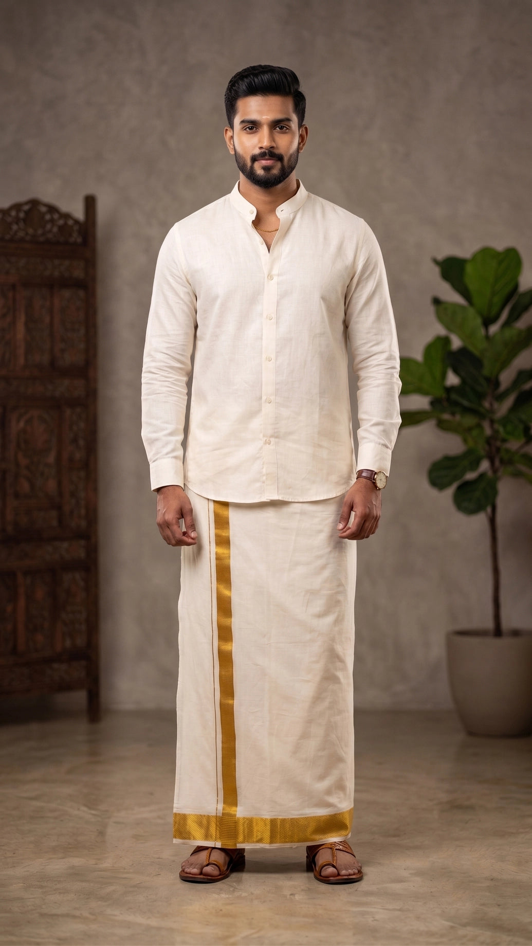 Men Off-White Cotton Dhoti with Gold Zari Border, Traditional 2 Metre Single Veshti - Gold Zari