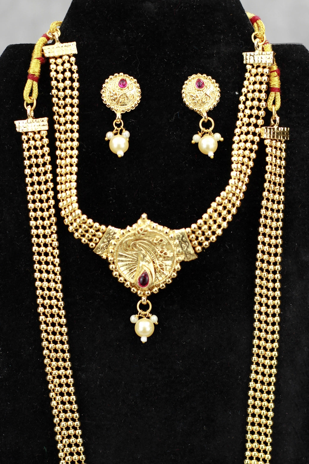 Gold-Tone Peacock Pendant Long & Short Necklace Set with Matching Earrings for Traditional Indian Wear - Gold