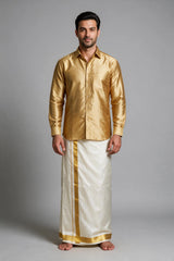 Men Offwhite Cotton Double Dhoti with Woven Gold Zari Border (4 Metre) - Traditional Ethnic Wear - Gold