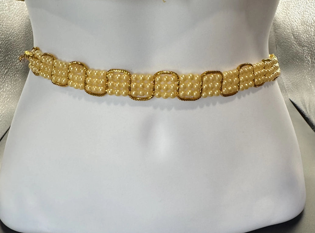 Gold-Tone Pearl Hip Belt with Layered Imitation Pearls – Traditional Adjustable Waist Chain - Gold