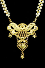 Traditional Gold-Tone Pearl Necklace Set with Floral Pendant and Matching Drop Earrings - Gold