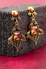 Antique Gold-Tone Dangling Earrings with Square Amber Stone - 2.4 inch Ethnic Jhumka Style Jewelry JCS Fashions