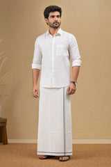 Men’s Off-White Cotton Dhoti with 0.25 inch Coloured Border, 2 Metre Single Veshti for Wedding & Festive Wear - Gray