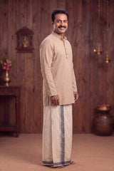 Mens Off-White Cotton Dhoti with 1.25-inch Border, 2 Metre Single Veshti for Wedding Festive Temple Wear - Gray (Striped)