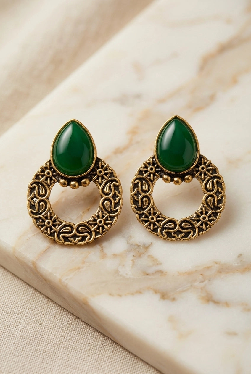 Antique Gold-Tone Teardrop Statement Earrings with Teardrop Stone and Floral Hoop Design - Green