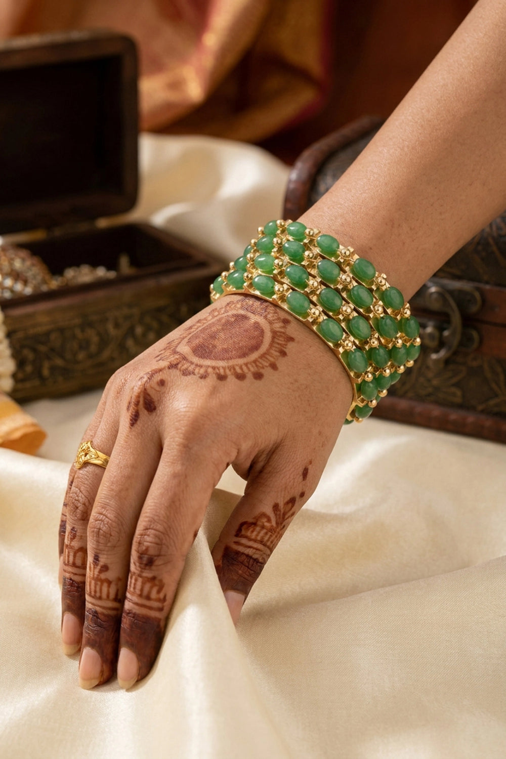 Traditional Gold-Plated Bangles with Beaded Stones (Green/White/Sky Blue) - Statement Ethnic Bracelet for Women - Green