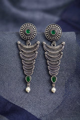 Oxidized Silver-Tone Statement Earrings with Pearl Drop and Teardrop Stones for Traditional Wear - Green