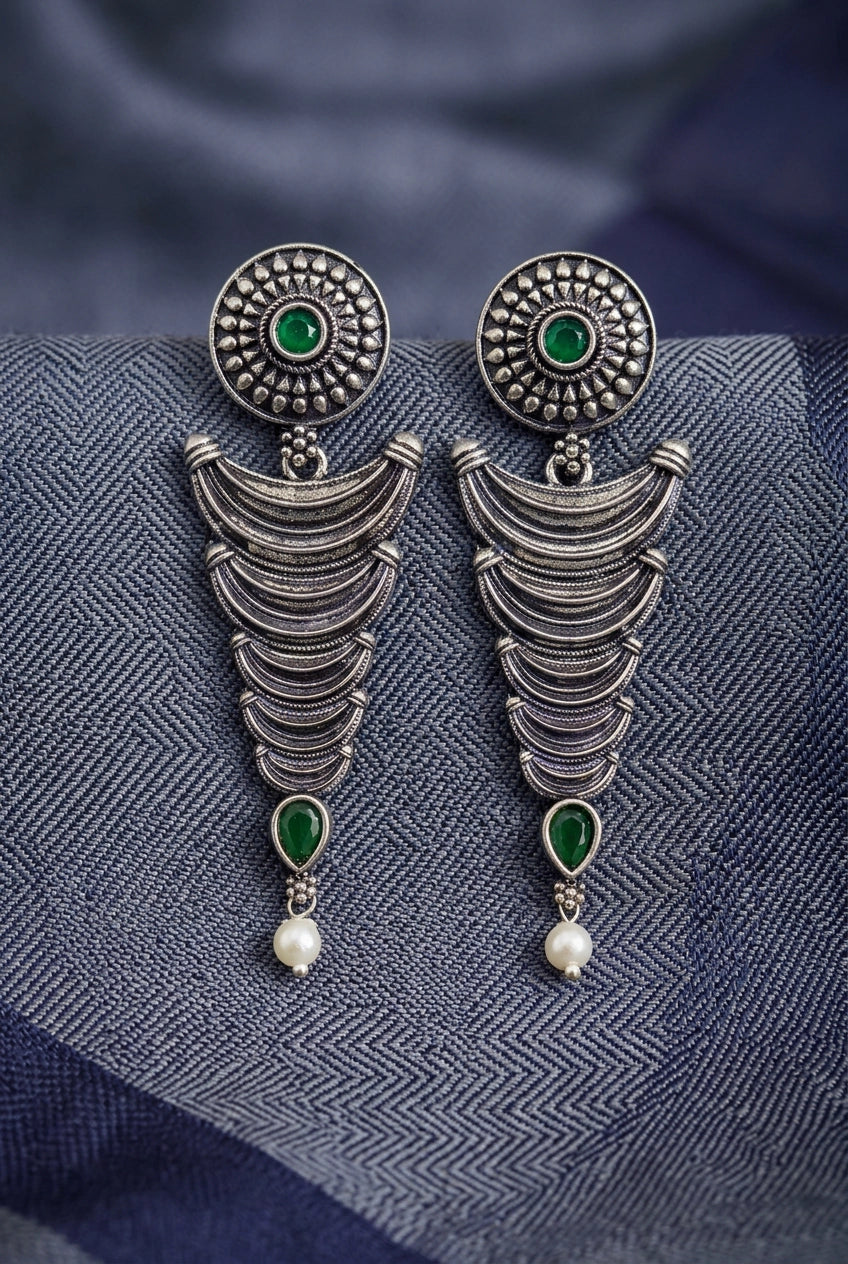 Oxidized Silver-Tone Statement Earrings with Pearl Drop and Teardrop Stones for Traditional Wear - Green