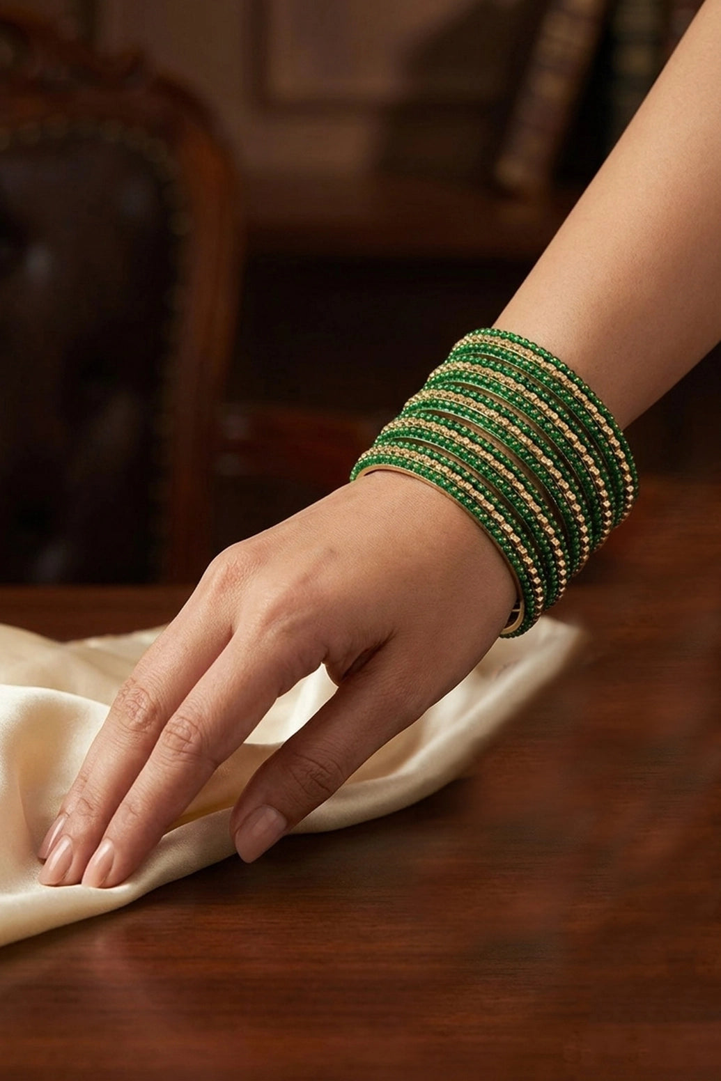 Stone Studded Metallic Bangle Set with Sparkling Rows - Teal Blue, Green & Maroon - Green