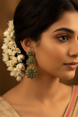 Antique Gold-Tone Floral Drop Earrings with Multi-Colored Stones