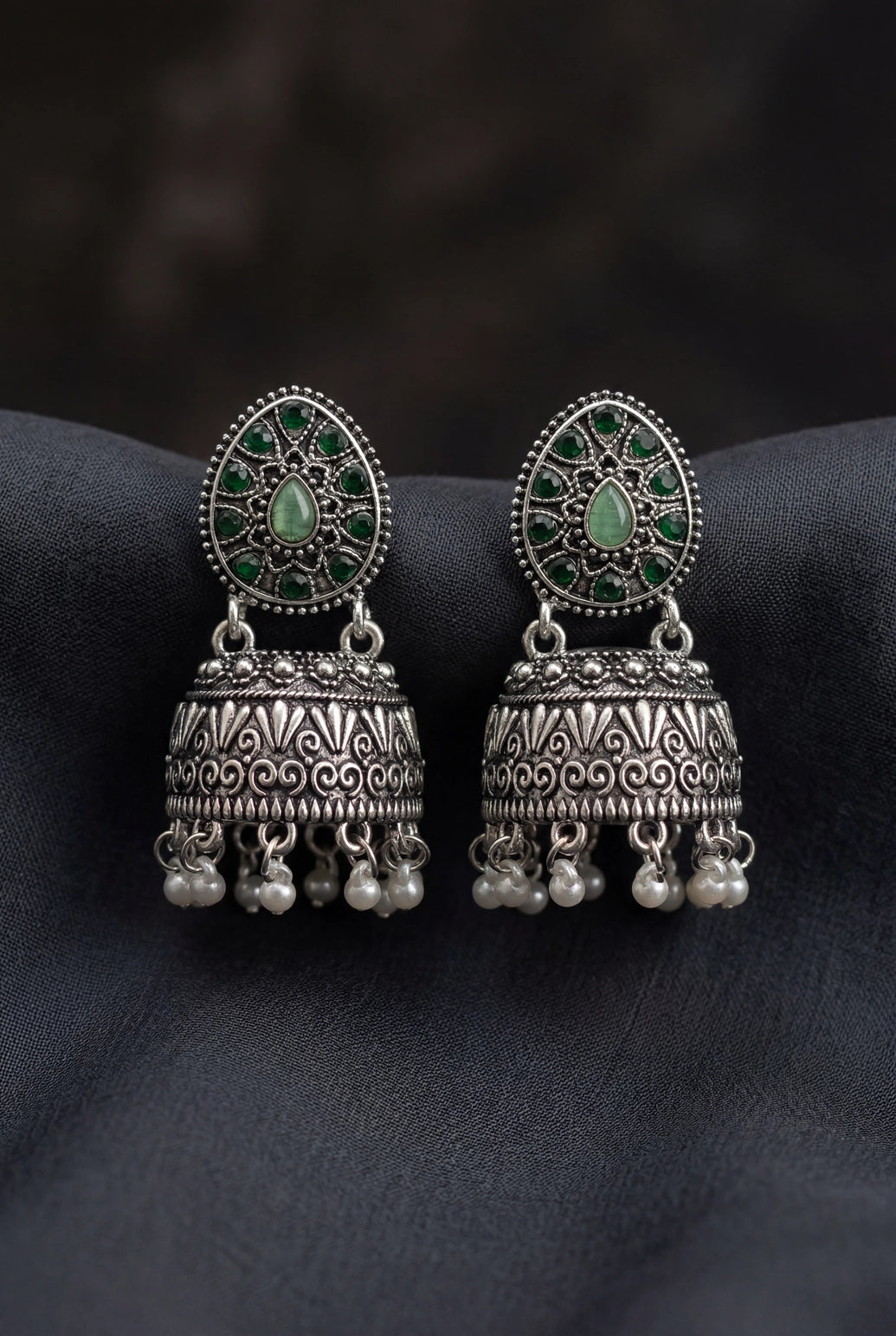 Oxidized Silver Tone Jhumka Earrings with Oval Stud Top & Filigree Teardrop Motif for Women - Green