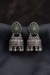 Oxidized Silver Tone Jhumka Earrings with Oval Stud Top & Filigree Teardrop Motif for Women - Green