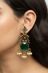 Gold-Tone Floral Chandbali Earrings with Round Stone & Pearl Drops