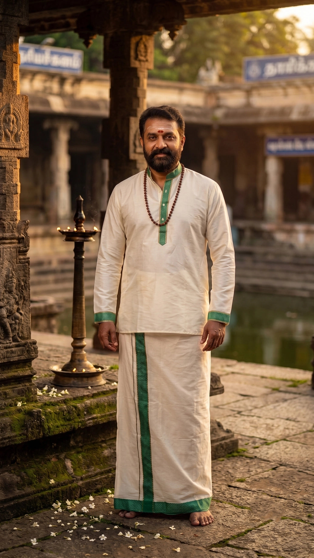 Men Off-White Cotton Dhoti with Woven Check Border and Zari Lines (2 Metre Single Veshti) - Green
