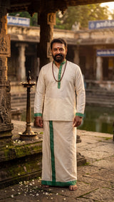 Men Off-White Cotton Dhoti with Woven Check Border and Zari Lines (2 Metre Single Veshti) - Green