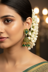 Red Antique Look Floral Jhumka Earrings - Gold-Tone