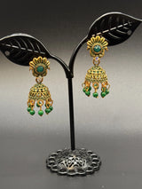 Antique Look Floral Jhumka Earrings - Gold-Tone Traditional Jhumkas in Maroon, Royal Blue, Light Blue, Pink & Green - Pair Jewelry JCS Fashions Green 1 inch