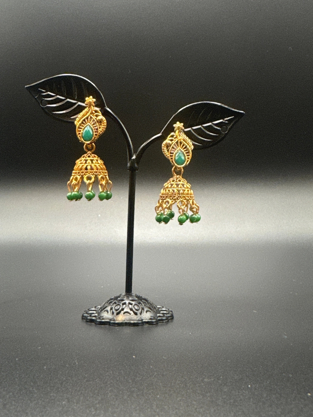Antique Leaf-Design Jhumka Earrings for Women — Gold-Tone Traditional Jhumkas with Colour Bead Drops Jewelry JCS Fashions Green 1.5 inch