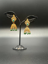 Antique Leaf-Design Jhumka Earrings for Women — Gold-Tone Traditional Jhumkas with Colour Bead Drops Jewelry JCS Fashions Green 1.5 inch