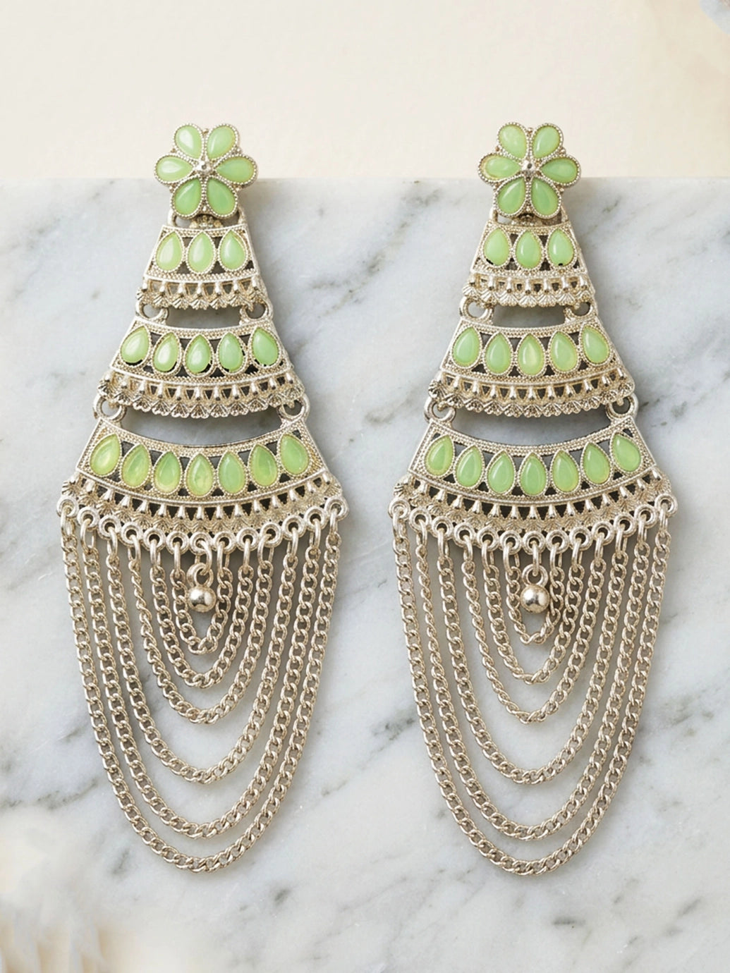 Oxidized Silver Layered Jhumka Earrings with Flower Stud and Stone Work Chain Tassels (Multiple Colours) - Green