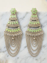 Oxidized Silver Layered Jhumka Earrings with Flower Stud and Stone Work Chain Tassels (Multiple Colours) - Green